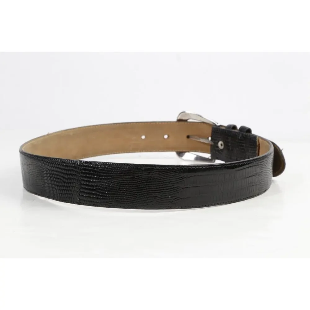 Vintage Black Genuine Lizard Leather Belt Silver Western Buckle Medium Size M